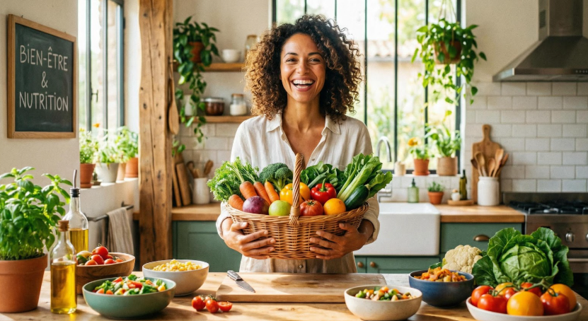 une femme avec un panier de légumes et une nutrition équilibrée